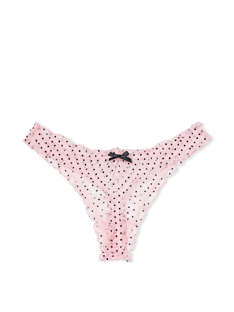 Flocked Dot Ruffled Mesh Thong Panty image number null