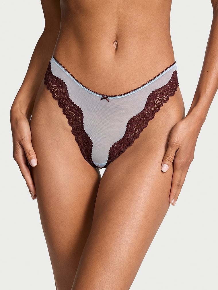 Tease Mesh Lace-Trim High-Leg Thong Panty image number null