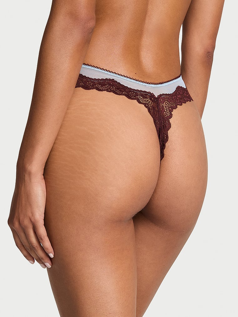 Tease Mesh Lace-Trim High-Leg Thong Panty image number null