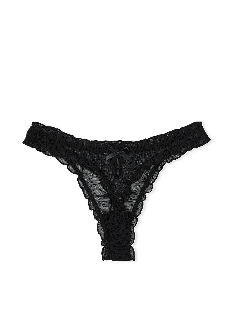 Flocked Dot Ruffled Mesh Thong Panty image number null