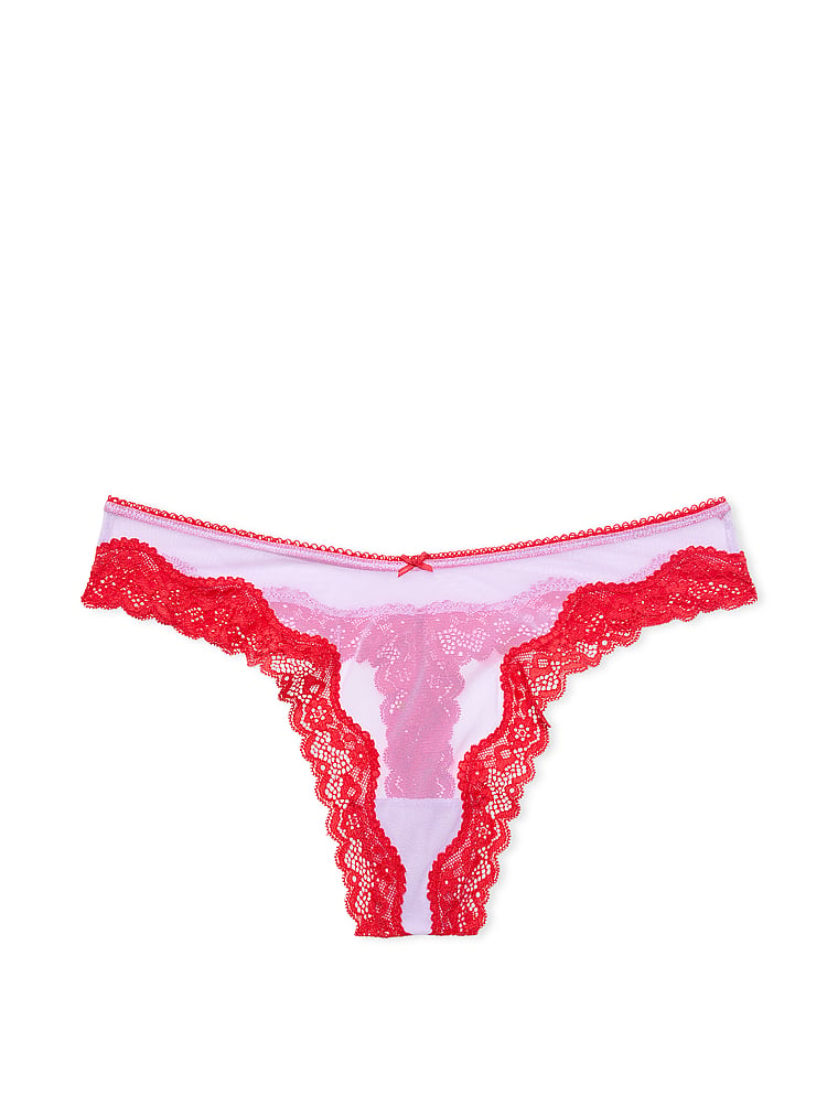 Tease Mesh Lace-Trim High-Leg Thong Panty image number null